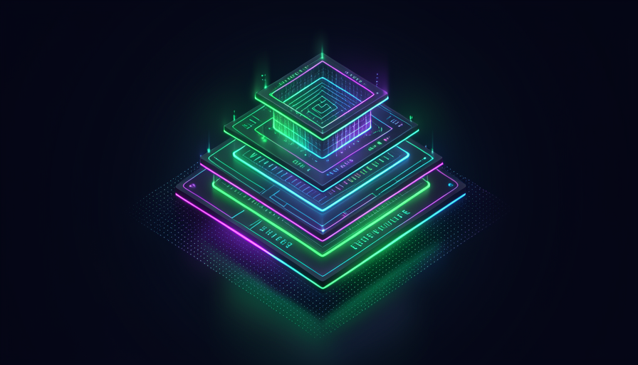Arquitetura em camadas de um system prompt em glow neon — ilustração do curso O Manual Oculto da IA